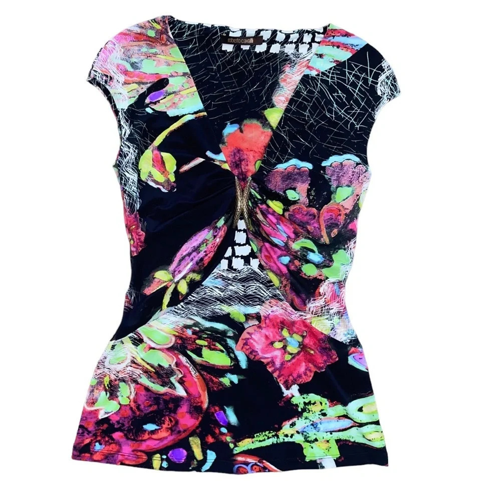 Roberto Cavalli Colorful Black Floral Blouse Women’s Size 42 Designer Preppy - Picture 13 of 13